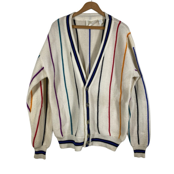 Vintage OP Cardigan Sweater Mens Large Rainbow Stripe White Chunky Knit Grandpa - Picture 1 of 13